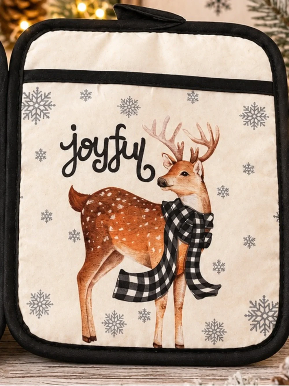 Holiday Farmhouse Joyful Reindeer and Wreath Pot Holder Set